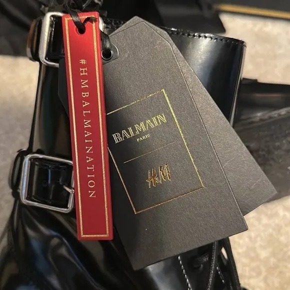 BALMAIN x H&M Black Patent Leather Combat Boots - Size 11.5 - NWT - Picture 4 of 5